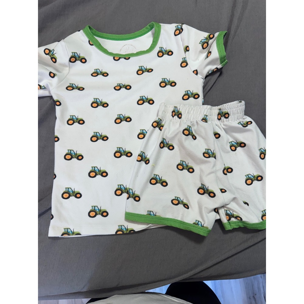 Sugar Bee Clothing Kids Green Tractor Pajama Set Shorts Shirt White Size 6